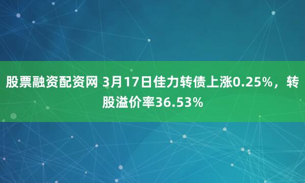 股票融资配资网 3月17日佳力转债上涨0.25%，转股溢价率36.53%